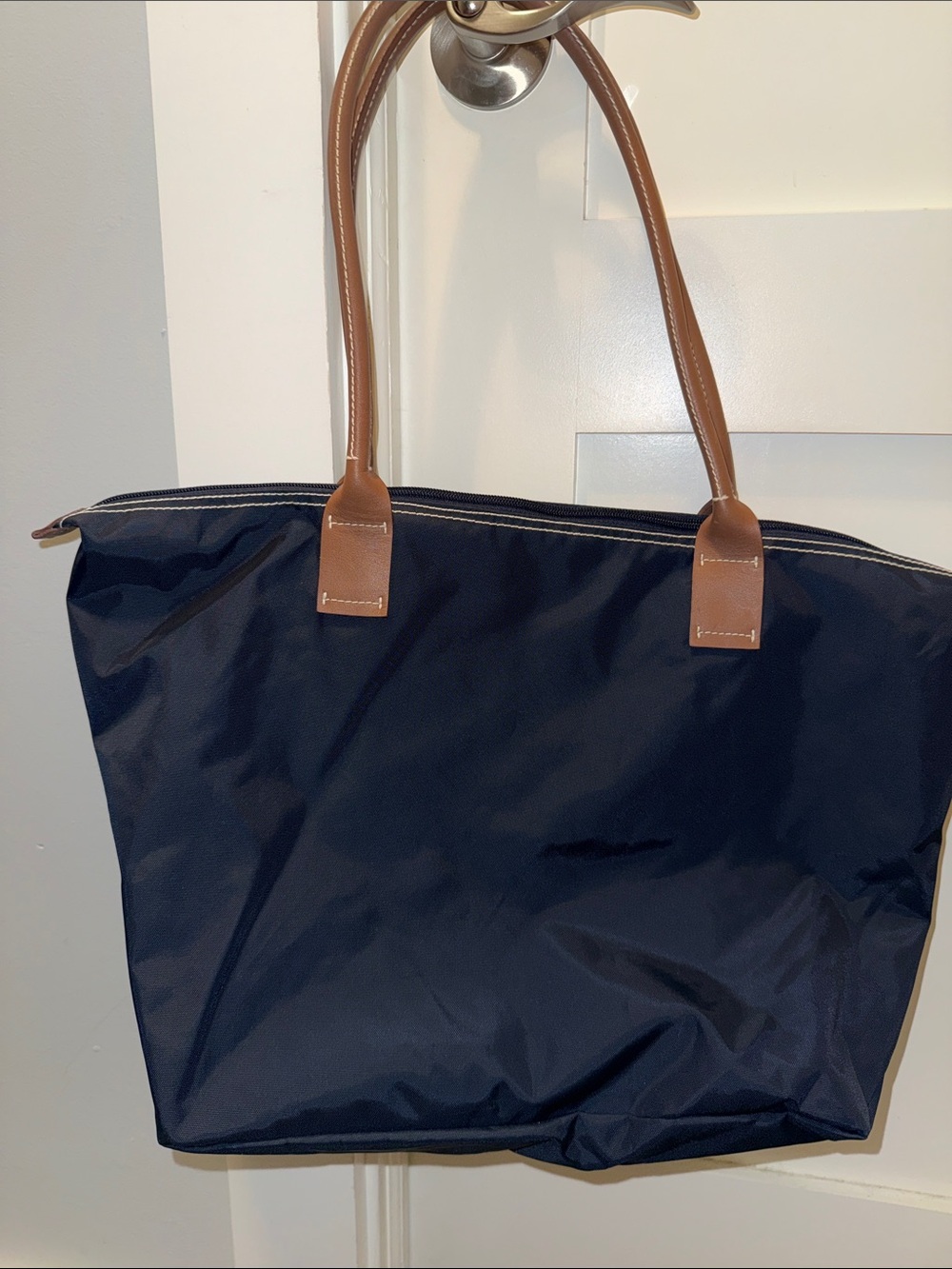 Gap Navy Nylon Tote Bag with Brown Handles - Classic Everyday Carry EUC
